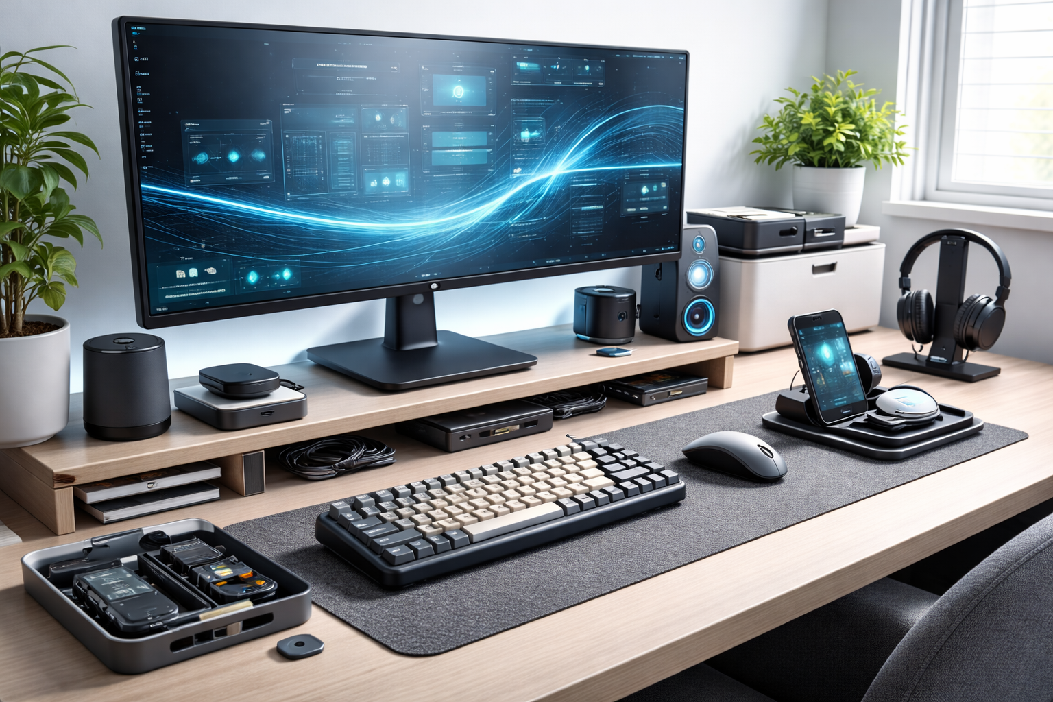Modern tech gadgets and accessories on a desk